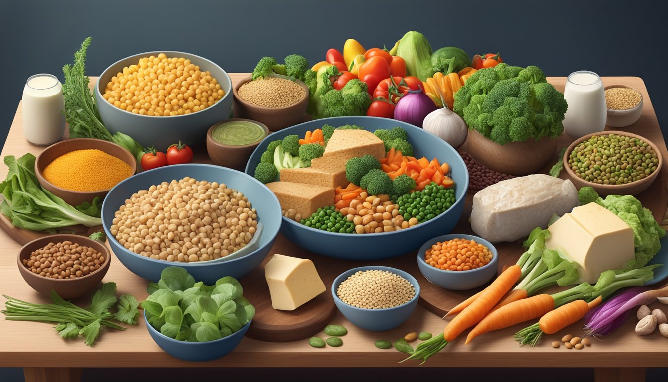 A dinner table with a variety of plant-based and animal-based protein sources, such as tofu, lentils, chicken, and fish, surrounded by colorful vegetables and whole grains