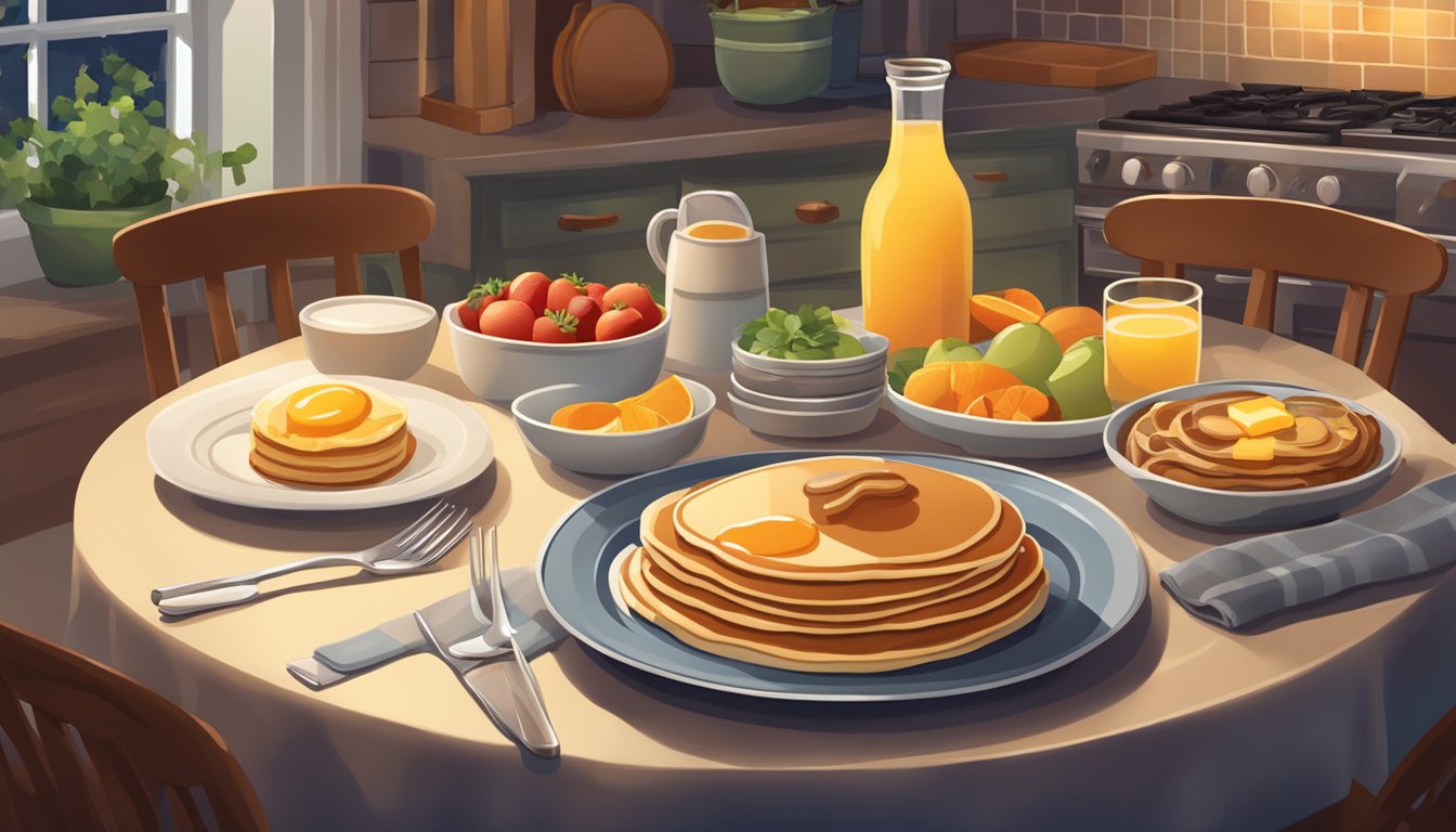 A cozy kitchen with a table set for dinner, featuring breakfast foods like pancakes, eggs, and fruit, with a warm and inviting atmosphere for a nighttime meal