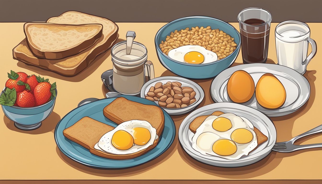 A table set with a variety of breakfast foods, such as eggs, fruit, and whole grain toast, with a focus on low-glycemic options