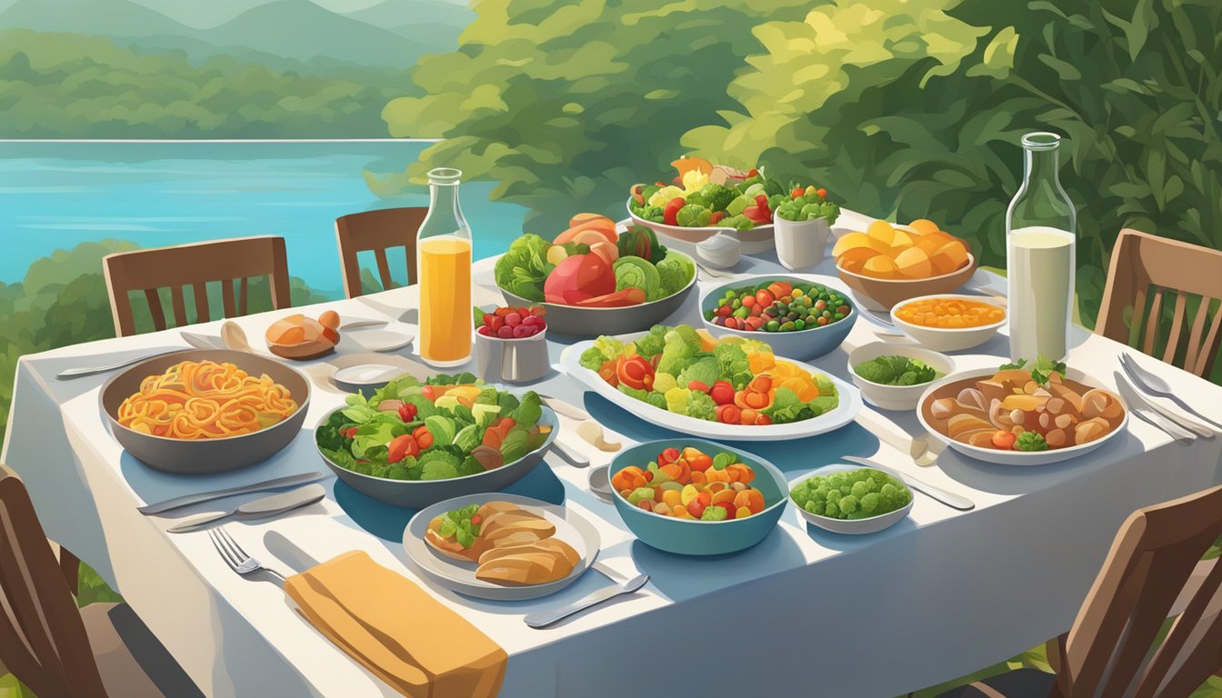 A dinner table set with a variety of colorful, nutrient-dense foods, surrounded by serene and peaceful surroundings