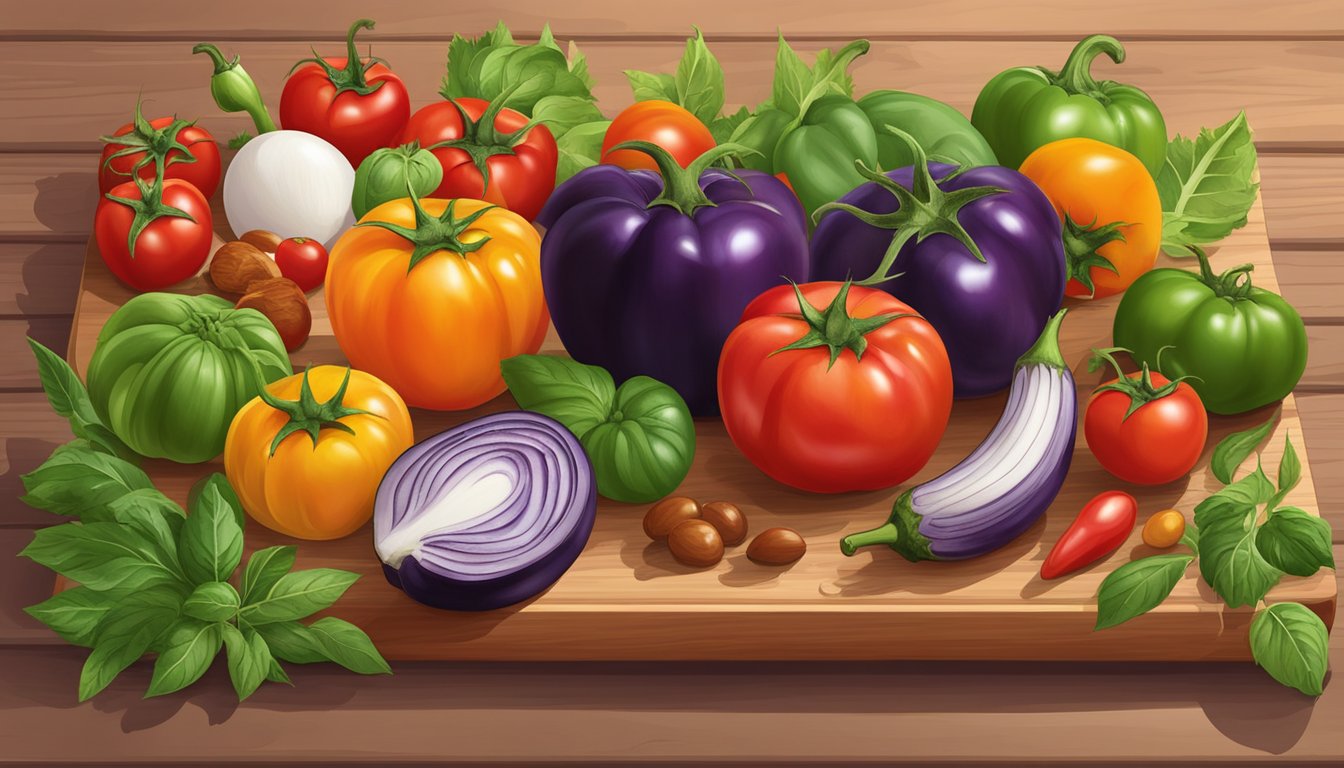 A colorful array of tomatoes, peppers, and eggplants arranged on a wooden cutting board, surrounded by vibrant green herbs and spices