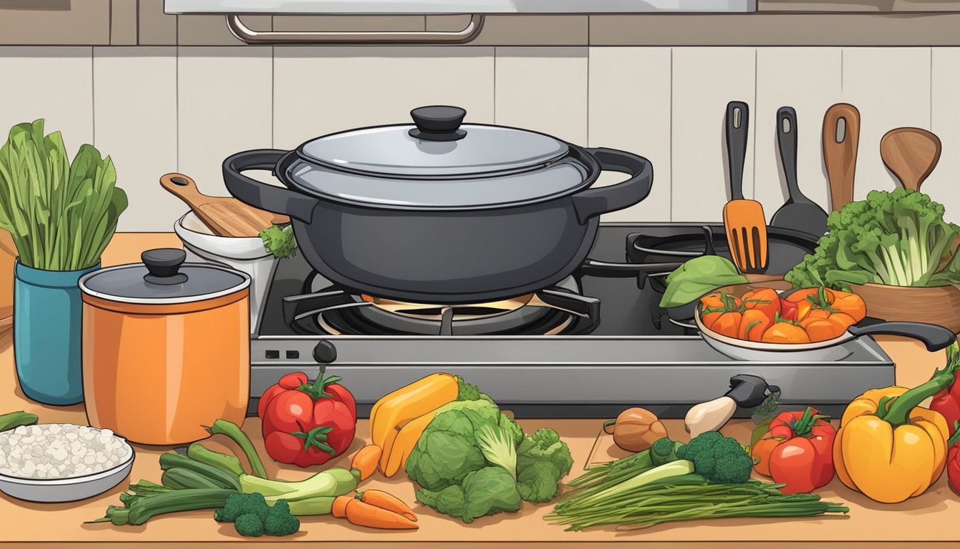 A pot simmering on a stovetop, filled with colorful vegetables and lean protein, surrounded by various kitchen tools like ladles, knives, and cutting boards