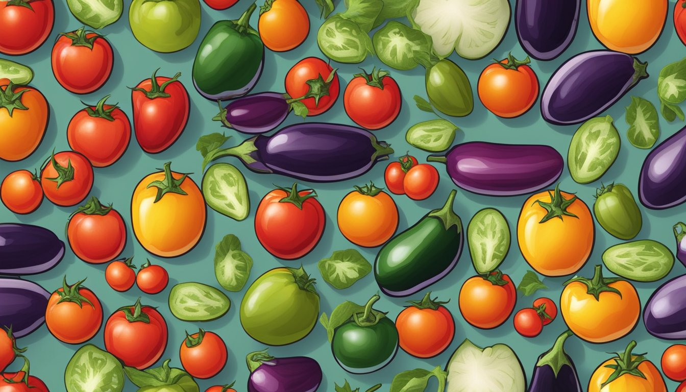 A kitchen counter with a variety of colorful tomatoes, peppers, and eggplants arranged neatly in a row