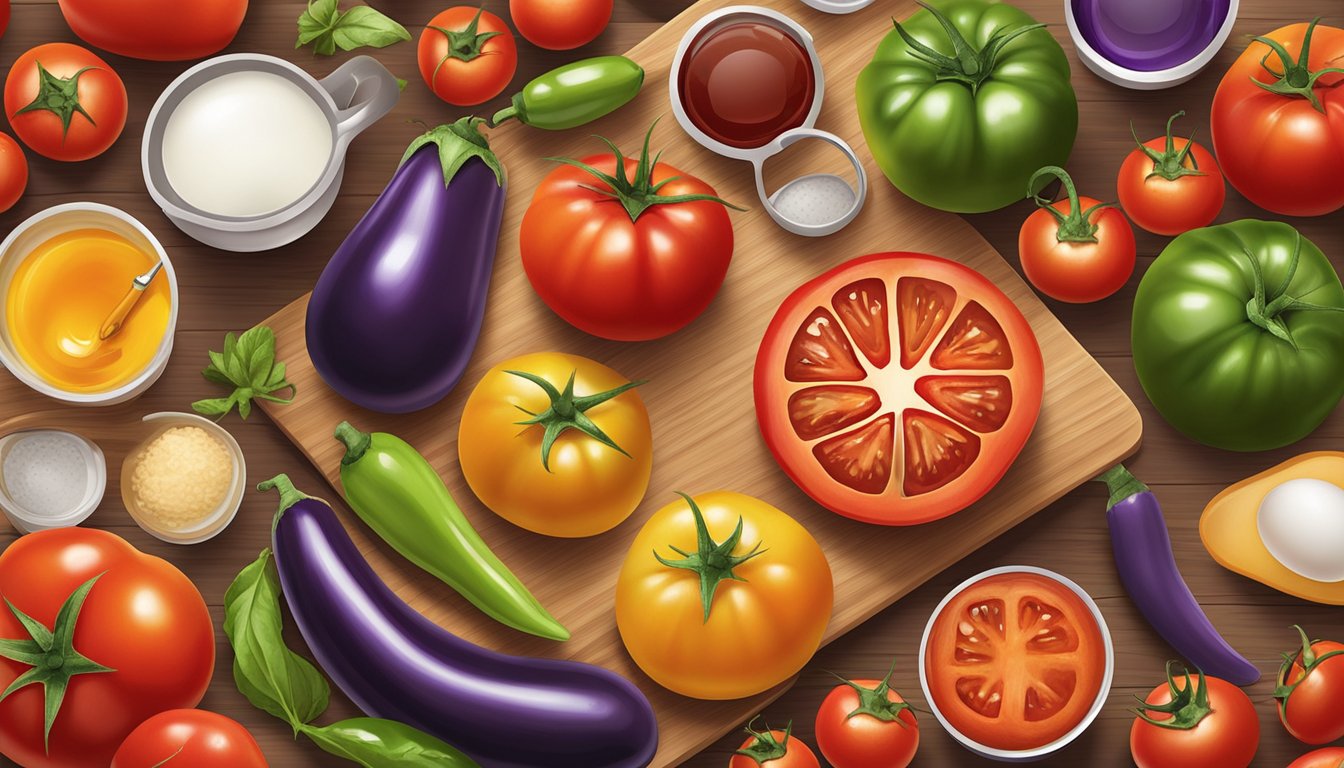 A colorful array of ripe tomatoes, vibrant peppers, and glossy eggplants arranged on a wooden cutting board, surrounded by measuring cups and a glucose meter