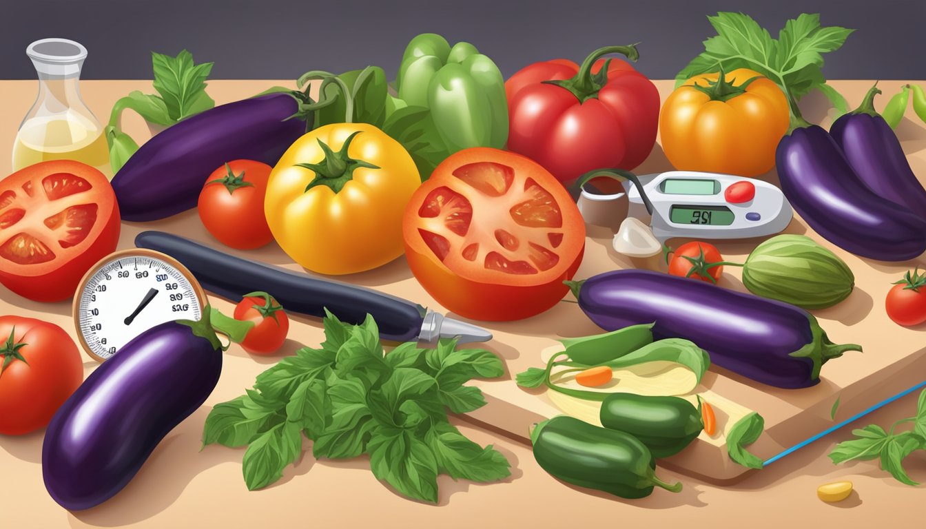 A kitchen counter with a variety of colorful tomatoes, peppers, and eggplants arranged next to a glucose meter and healthy food ingredients