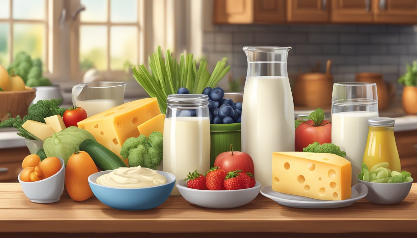 A cozy kitchen scene with a variety of dairy products such as milk, yogurt, and cheese, alongside fresh fruits and vegetables, all arranged on a wooden table