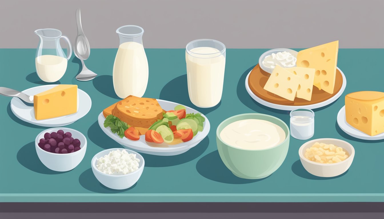 A dinner table set with a variety of dairy products such as milk, cheese, yogurt, and cottage cheese, alongside a plate of diabetes-friendly evening meal options