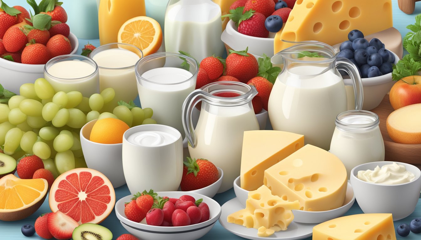 A table set with a variety of diabetes-friendly dairy products such as low-fat milk, yogurt, and cheese, accompanied by colorful fruits and vegetables