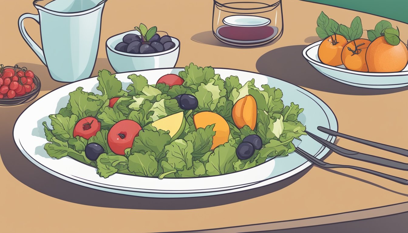 A table set with a plate of salad, followed by a main course, and finished with a fruit bowl. A graph showing blood sugar levels fluctuating throughout the meal