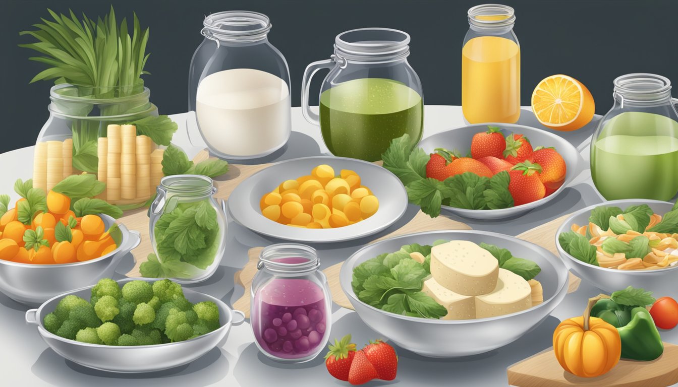 A table set with various meal types, including fruits, vegetables, and dairy products, all surrounded by bubbling fermentation jars