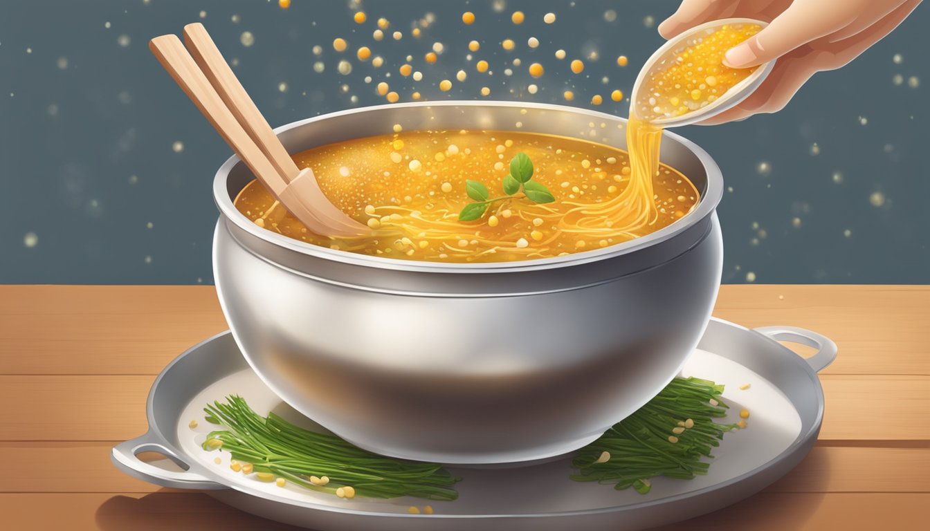 A chef carefully sprinkles umami-rich ingredients into a bubbling pot of savory broth, intensifying the aroma and flavor of the dish