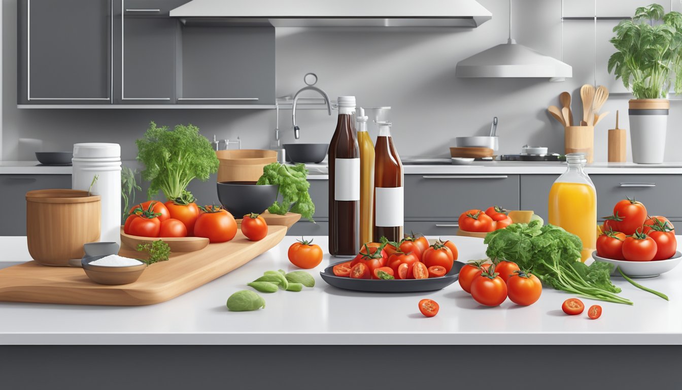 A colorful array of fresh, nutrient-rich ingredients like tomatoes, mushrooms, and soy sauce, arranged on a sleek, modern kitchen counter