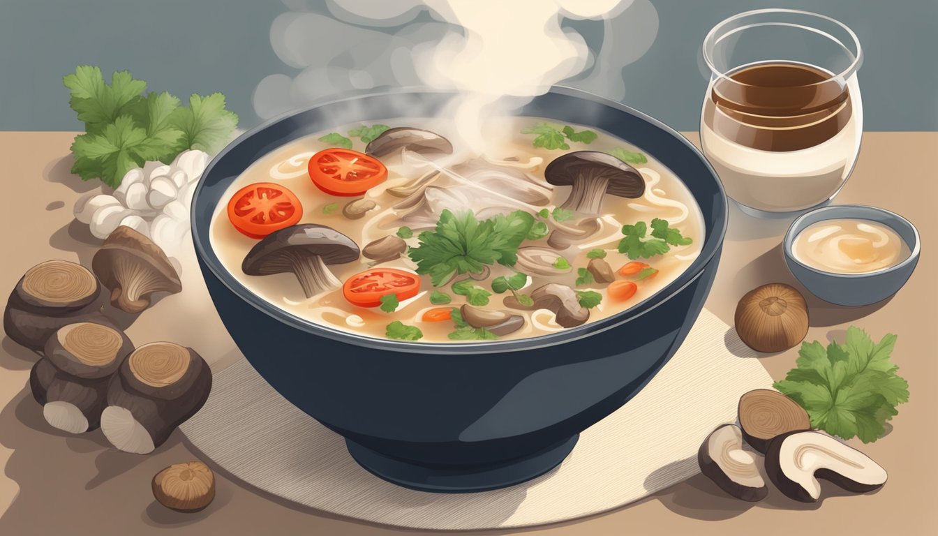 A steaming bowl of miso soup surrounded by shiitake mushrooms, tomatoes, and soy sauce, with steam rising and a rich, savory aroma filling the air