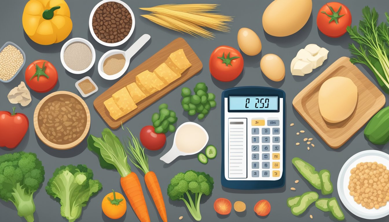 A table topped with balanced meal ingredients, including vegetables, lean protein, and whole grains. A budget-friendly grocery list and a glucometer sit nearby