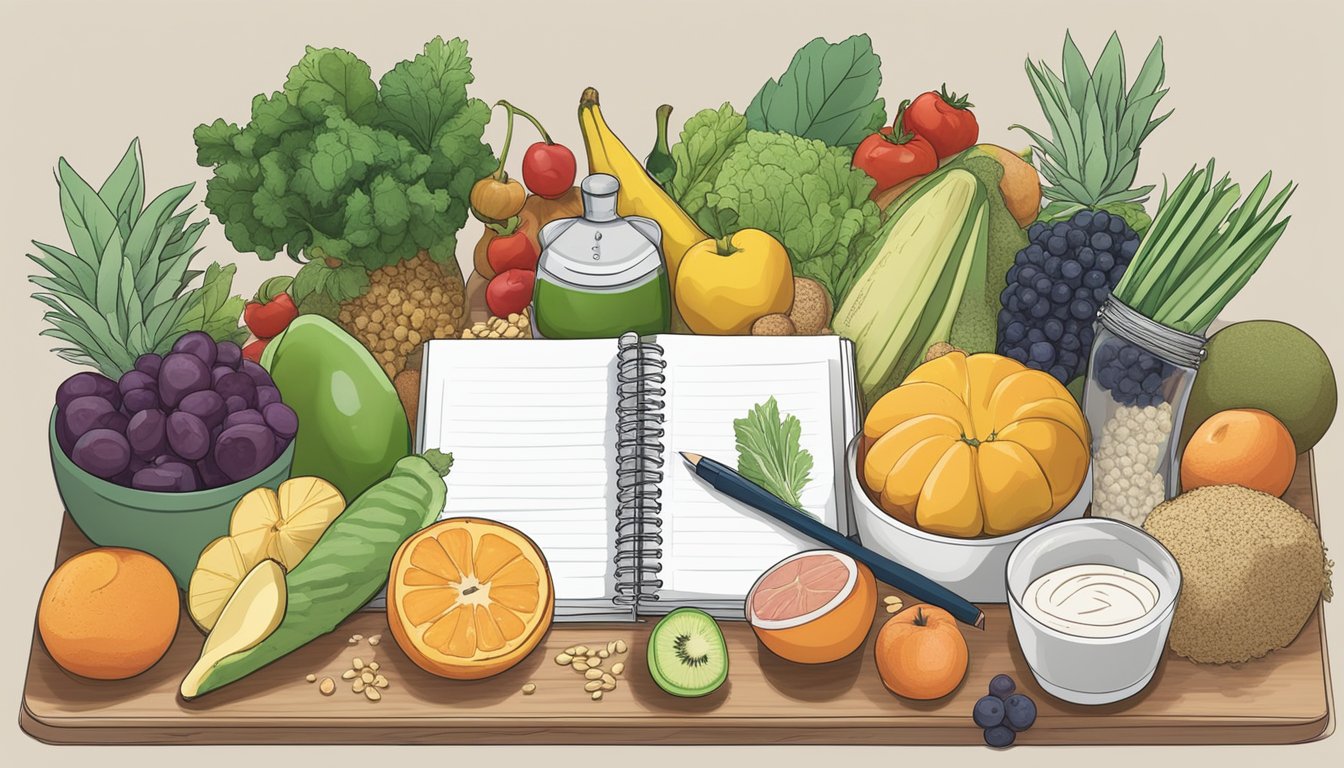 A kitchen counter with a variety of fresh fruits, vegetables, grains, and lean proteins laid out for meal planning. A notepad and pen are nearby for jotting down recipes and grocery lists