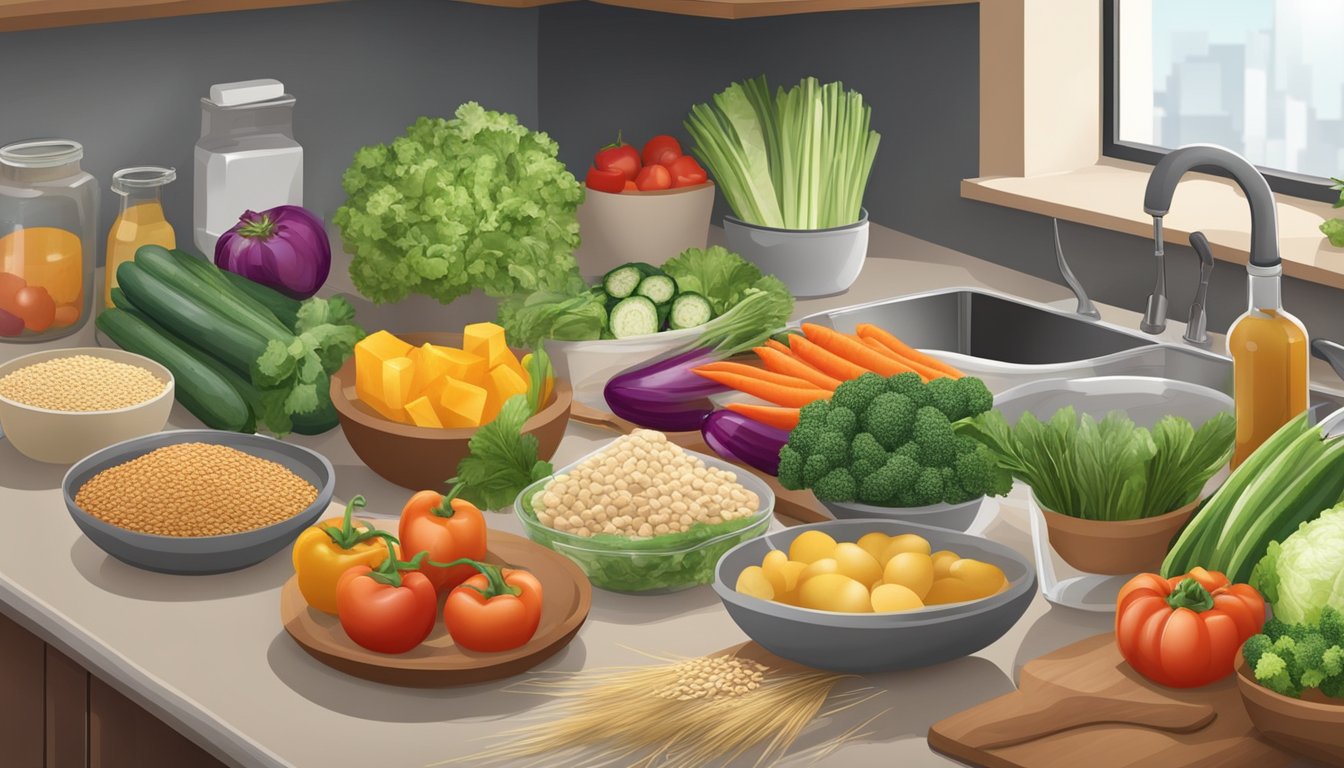 A kitchen counter with a variety of fresh vegetables, lean proteins, and whole grains laid out for meal preparation