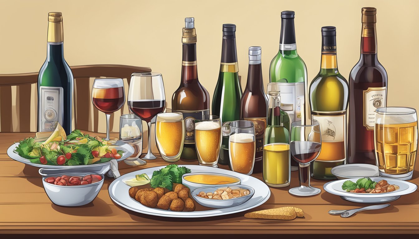 A table set with various alcoholic beverages, including wine, beer, and spirits, alongside a meal and a blood sugar monitor