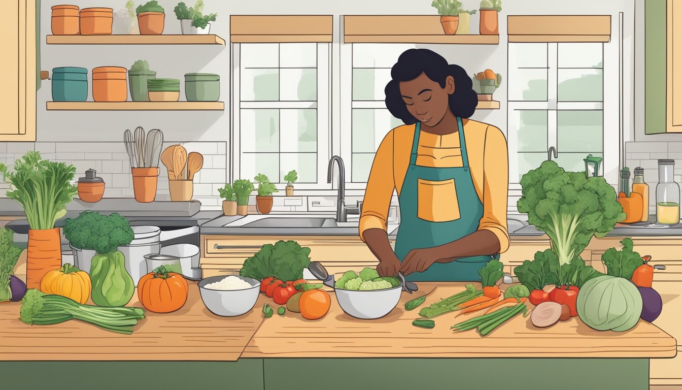 A person is seen chopping vegetables and measuring ingredients for a healthy, budget-friendly dinner. The kitchen is organized and clean, with pots and pans ready for use