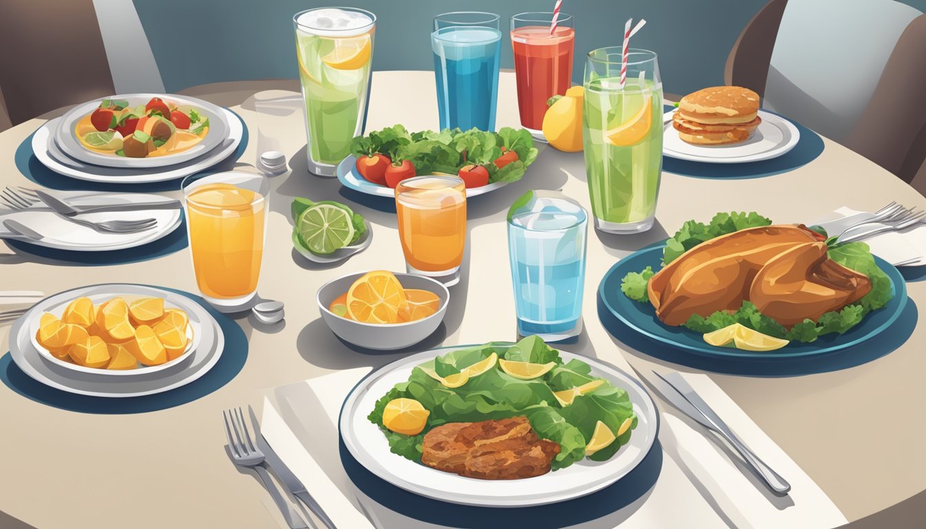 A dinner table set with various drinks options, including water, diet soda, and unsweetened tea, alongside a plate of healthy, balanced meal options