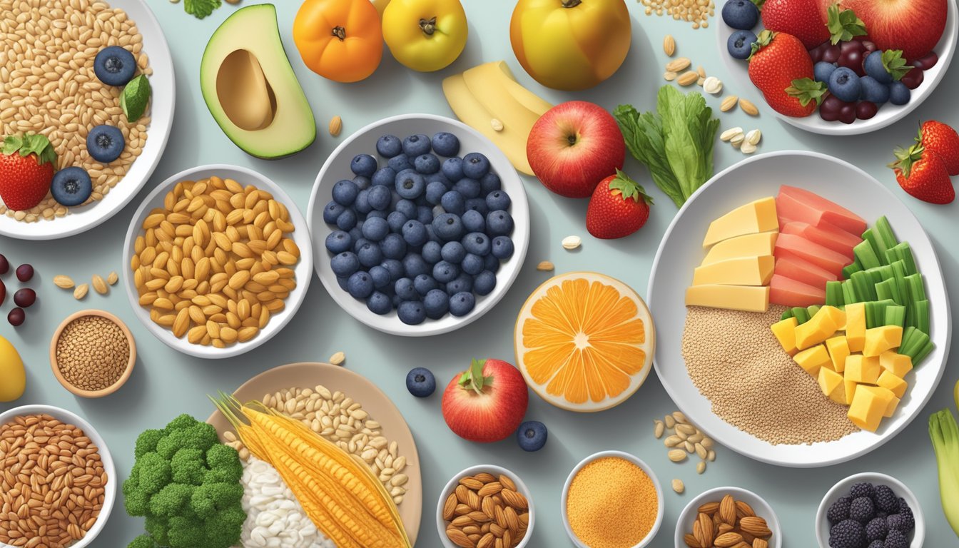 A colorful array of whole grains, fruits, vegetables, and lean proteins arranged on a plate, showcasing a balanced meal that promotes satiety and stabilizes blood sugar levels