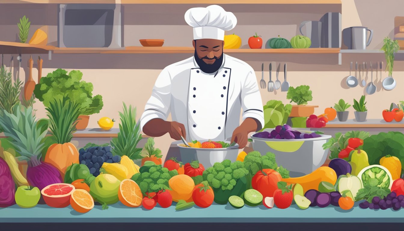 A vibrant kitchen filled with colorful fruits, vegetables, and herbs. A chef carefully measures and mixes ingredients, creating a delicious and healthy meal