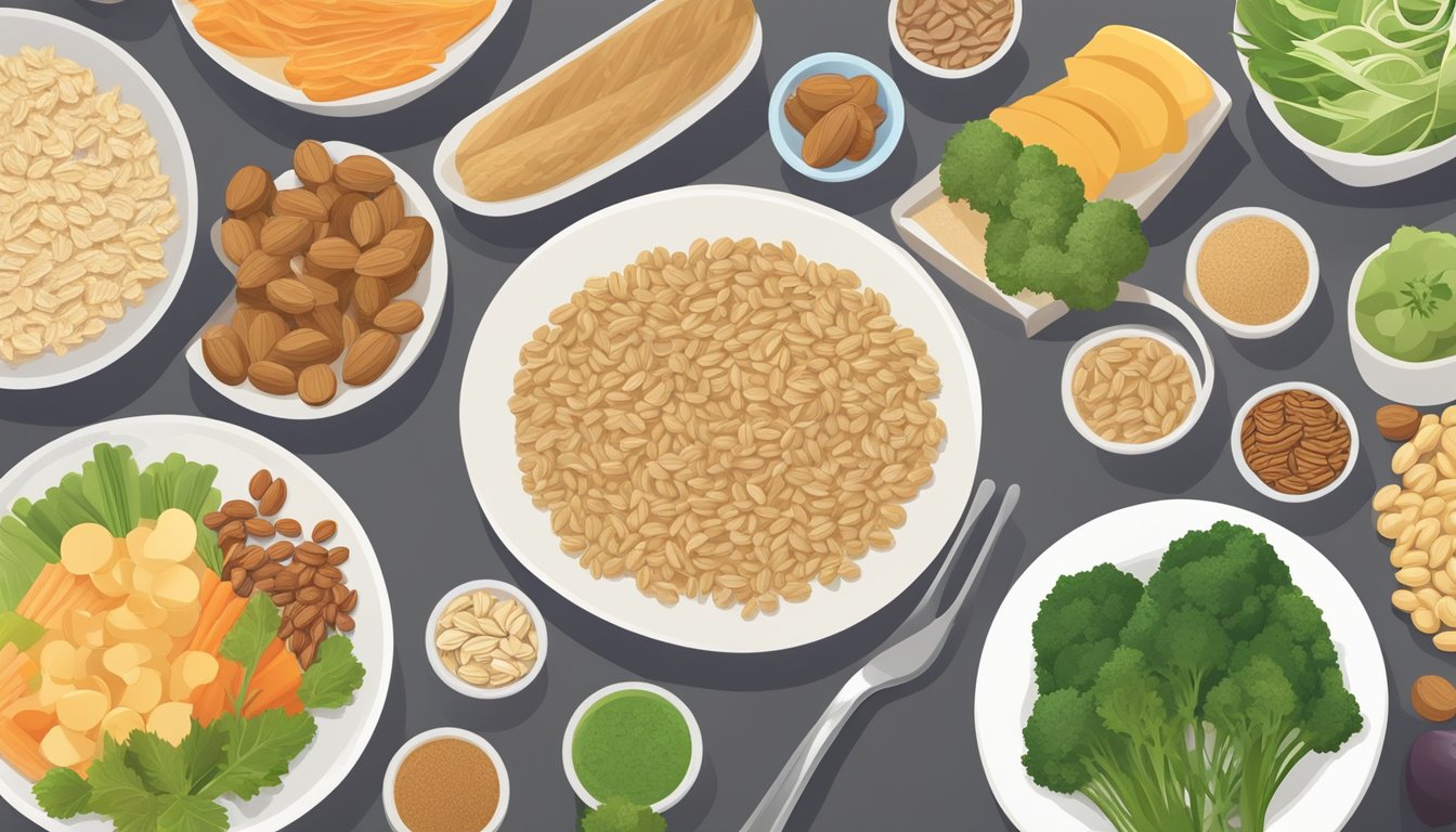 A table spread with a variety of foods like oats, nuts, and vegetables, with a focus on whole, fiber-rich options. A balanced plate with a mix of protein, healthy fats, and complex carbohydrates