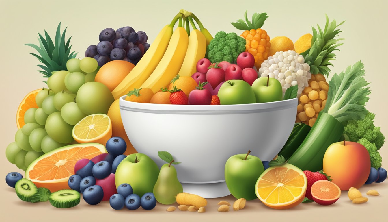 A bowl filled with a variety of colorful fruits, vegetables, whole grains, and lean proteins, arranged in an appealing and balanced composition