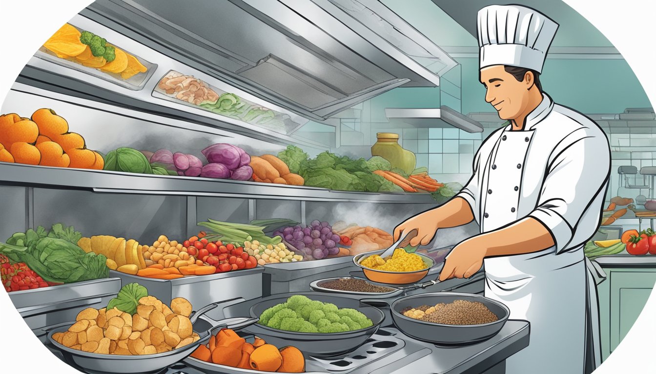 A chef carefully selects and prepares a variety of fresh, colorful ingredients, utilizing steaming, roasting, and grilling techniques to create a balanced, glycemic index-conscious dinner menu