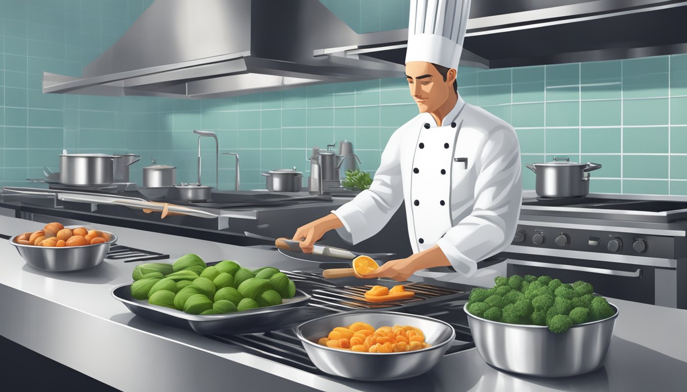 A chef selecting and preparing fresh, whole foods while using steaming, boiling, and grilling techniques in a modern kitchen