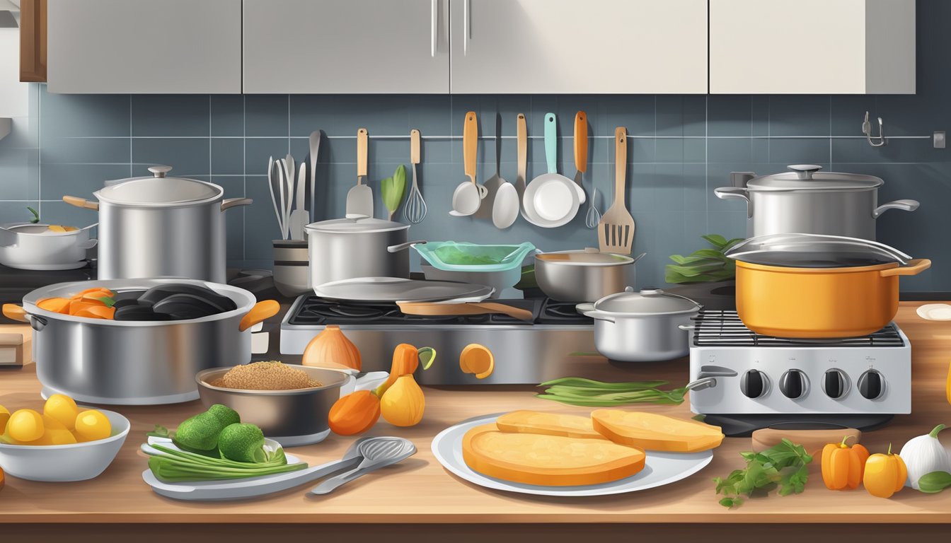 A kitchen scene with various cooking utensils and ingredients laid out on a countertop, with a stovetop and oven in the background