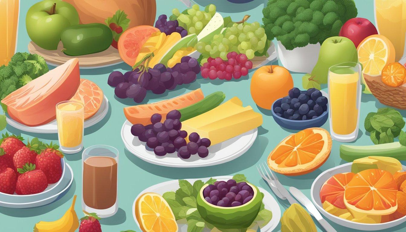 A dinner table with a variety of colorful fruits, vegetables, and lean proteins. Processed and sugary foods are absent from the spread