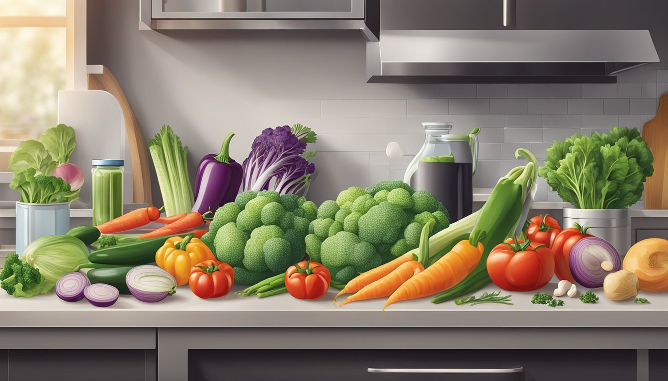 A colorful array of fresh vegetables and lean proteins being carefully measured and prepared on a clean, organized kitchen counter