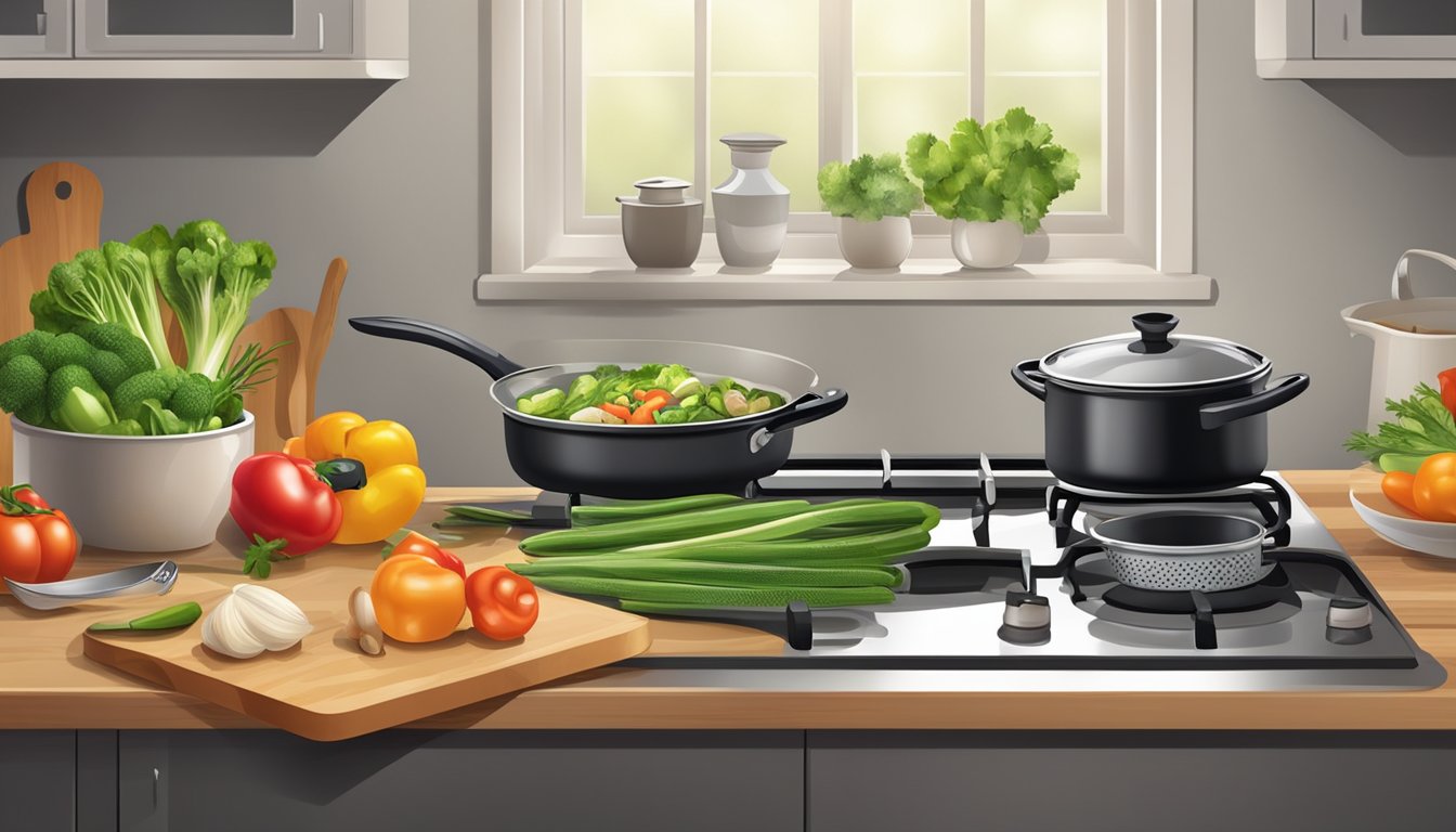 A kitchen counter with assorted cooking utensils, a cutting board with fresh vegetables, and a pot simmering on the stove