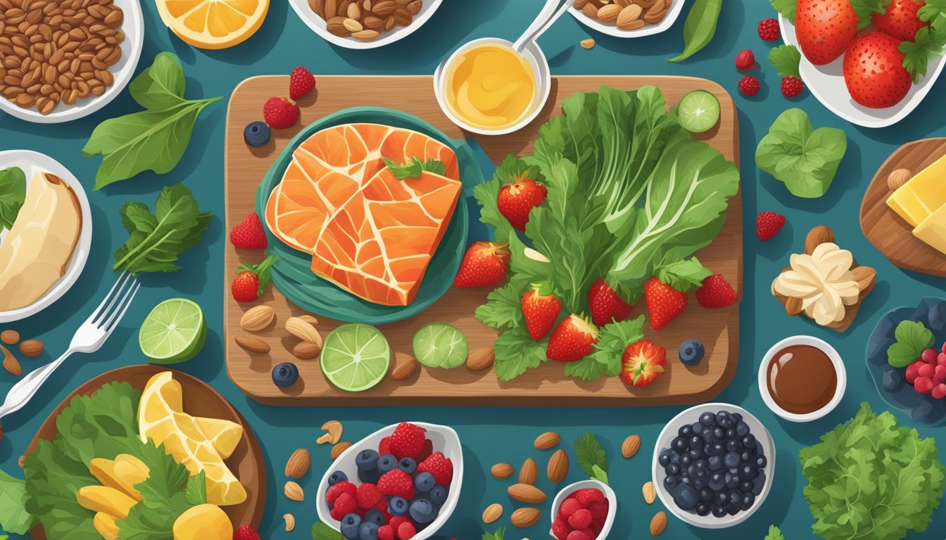 A colorful dinner table with a variety of anti-inflammatory foods such as leafy greens, berries, nuts, and lean proteins. The setting exudes a sense of health and vitality