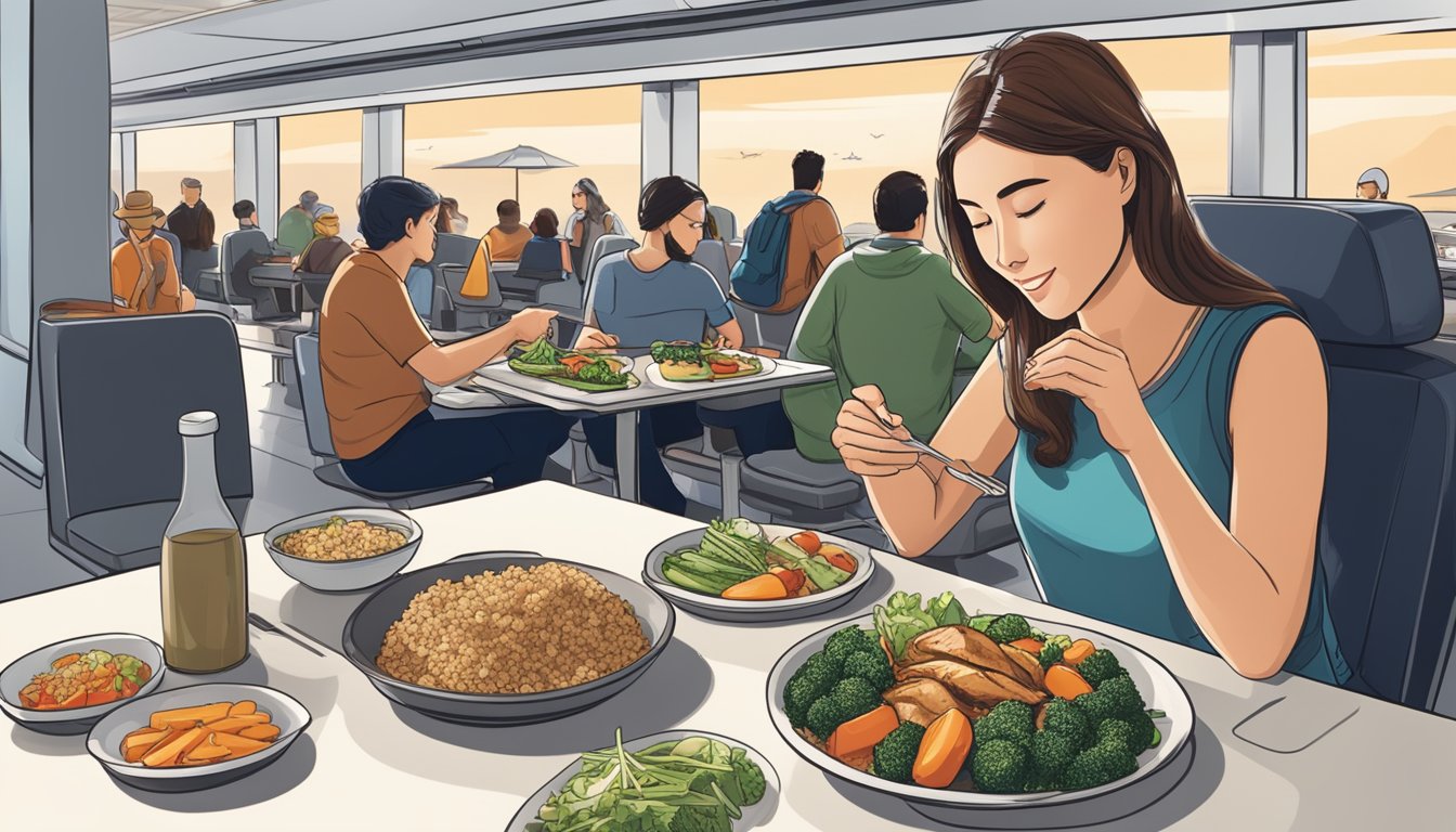 A person sitting at a table in a bustling airport, enjoying a balanced meal of grilled chicken, steamed vegetables, and a side of quinoa from a travel-friendly container