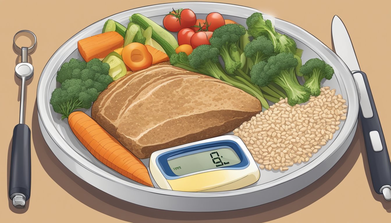 A dinner plate with portions of lean protein, non-starchy vegetables, and whole grains, accompanied by a glucose meter and insulin pen on a travel tray