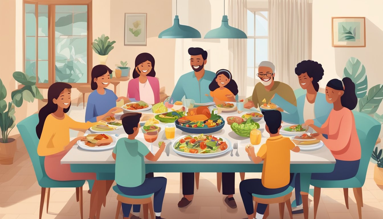 A dining table set with colorful, wholesome dishes surrounded by happy, smiling family members