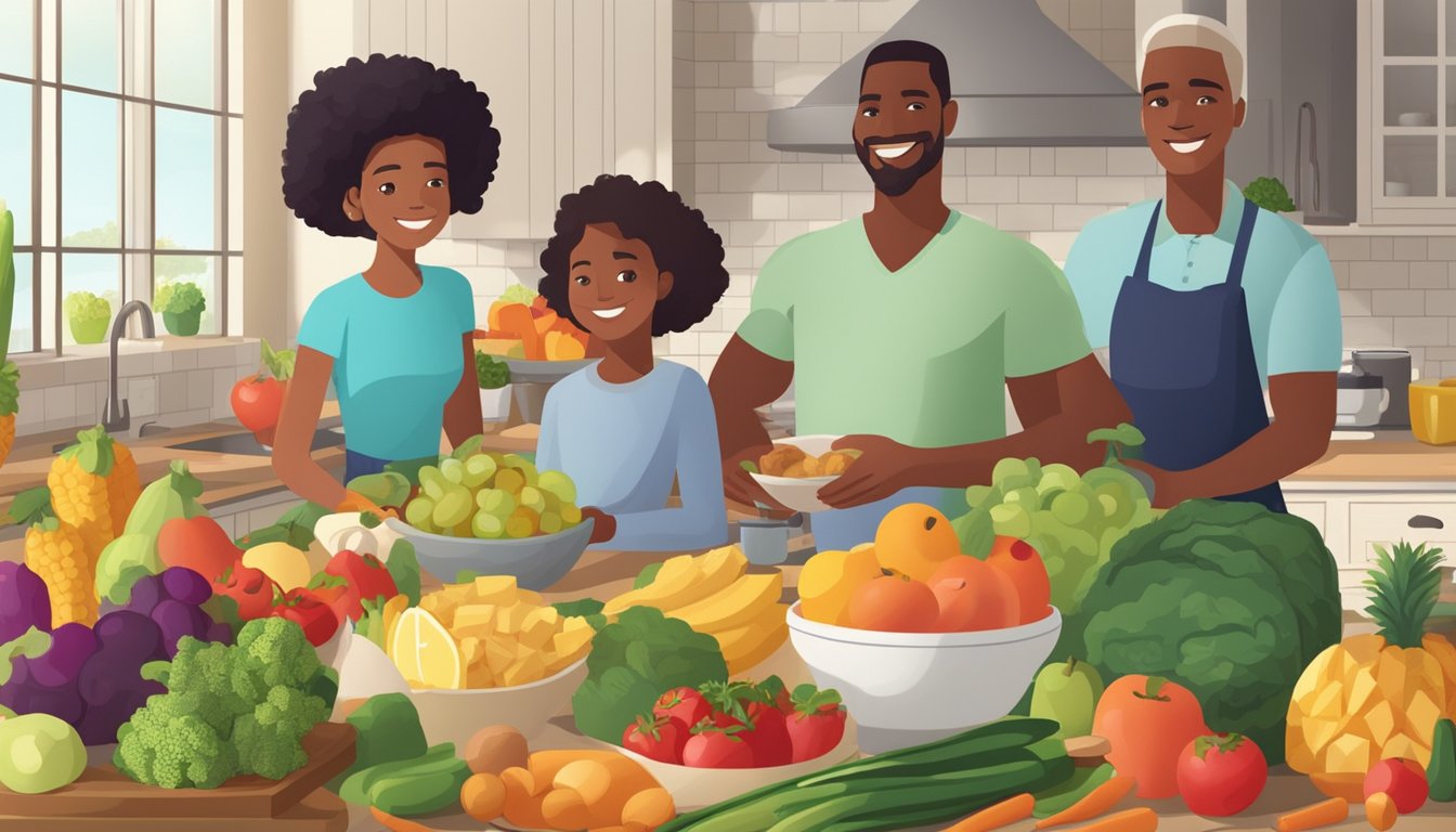 A colorful array of fruits, vegetables, lean proteins, and whole grains spread out on a kitchen counter, with a family gathered around, smiling and preparing a balanced and healthy meal together