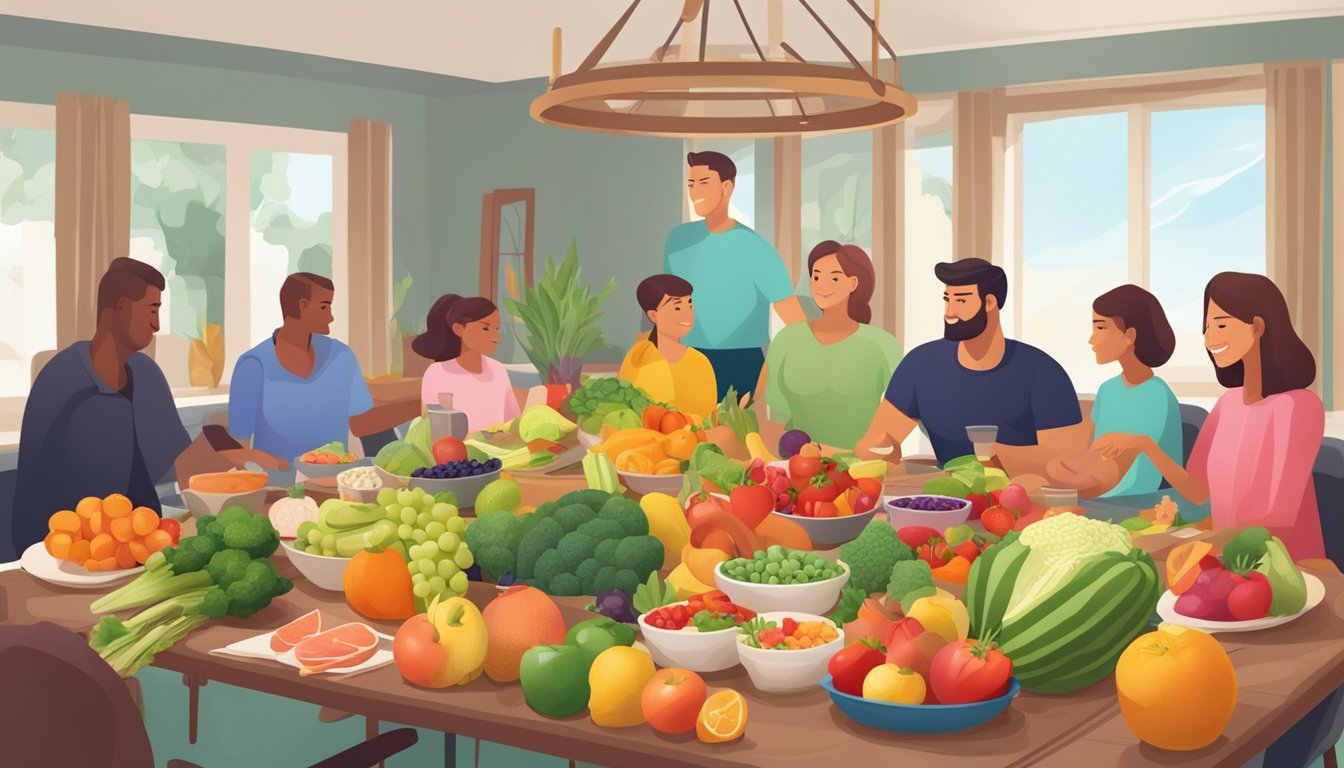 A family sitting around a table filled with colorful, fresh fruits, vegetables, and lean proteins. A variety of low-glycemic index foods are being enjoyed by everyone