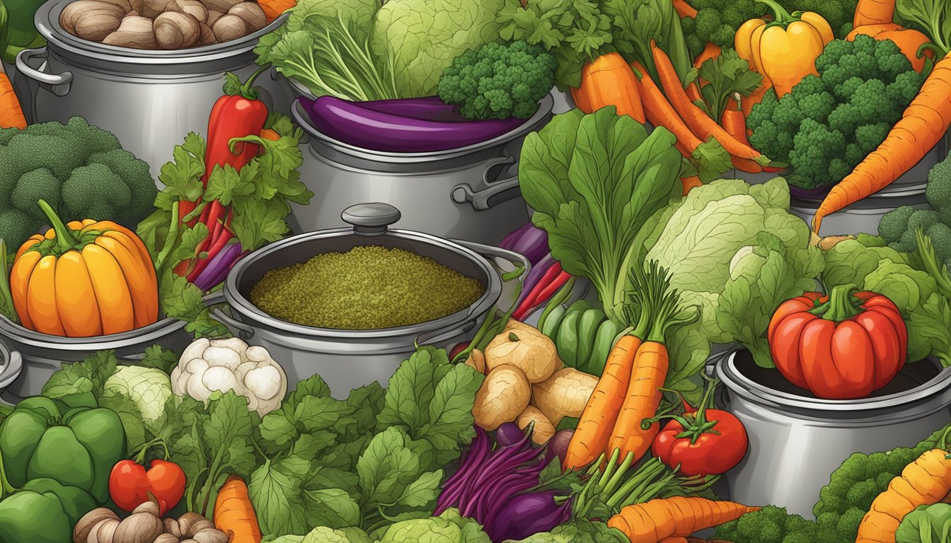 A colorful array of fresh vegetables, herbs, and spices arranged around a central cooking pot, emitting delicious aromas