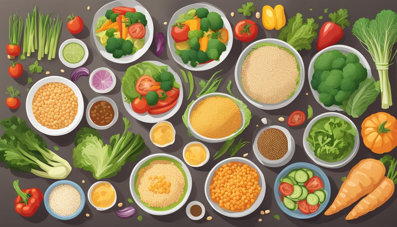 A table set with colorful, wholesome ingredients like fresh vegetables, lean proteins, and whole grains, surrounded by smiling faces of a diverse family