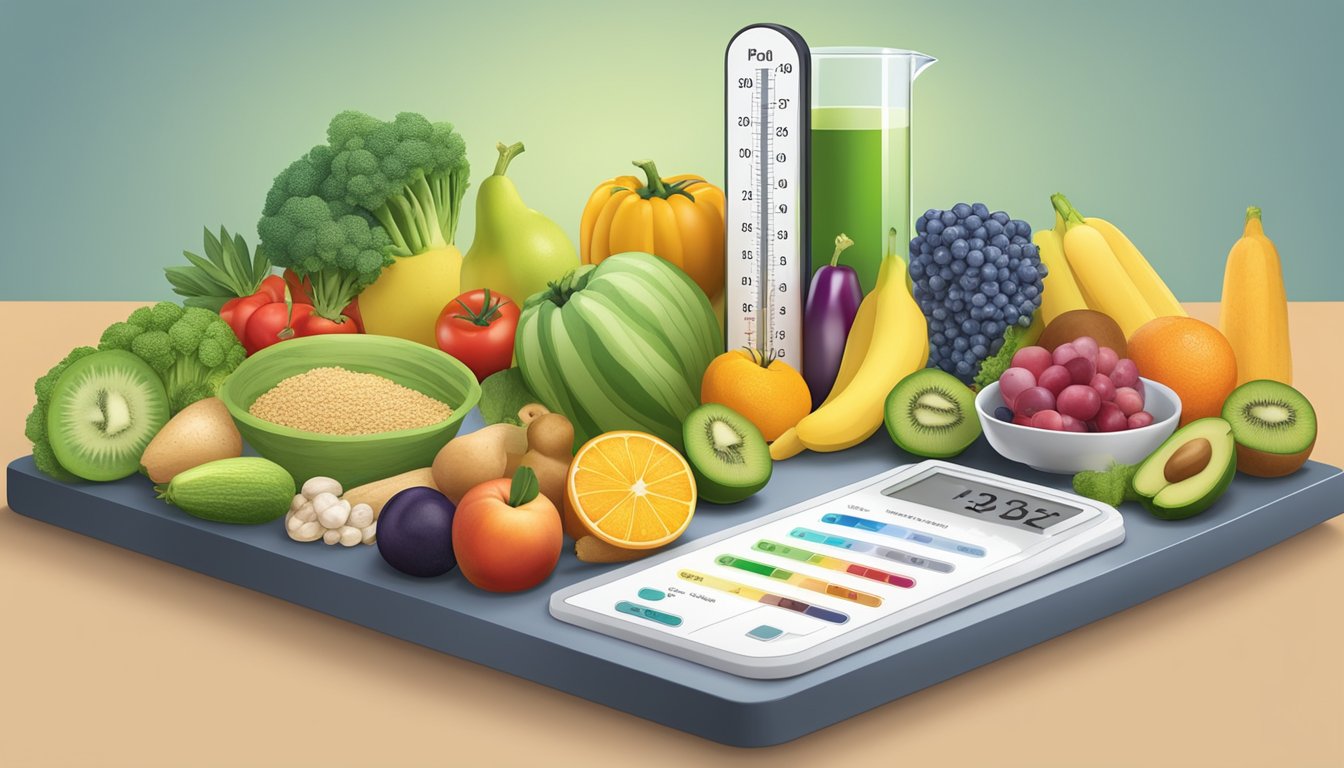 A colorful spread of alkaline foods, including fruits, vegetables, and whole grains, arranged on a table with a pH scale in the background