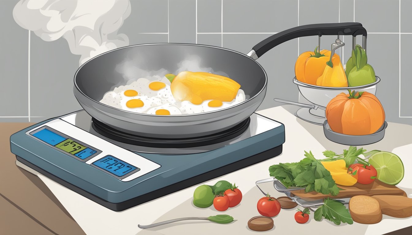 A chef carefully measures and balances ingredients on a kitchen scale, while a pH meter hovers over a sizzling pan of food