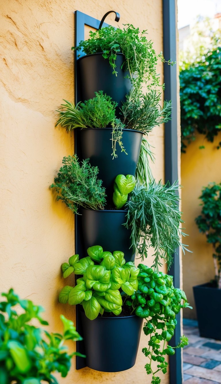 A vertical herb planter hangs on a sunny courtyard wall, filled with an array of aromatic herbs and vibrant green foliage