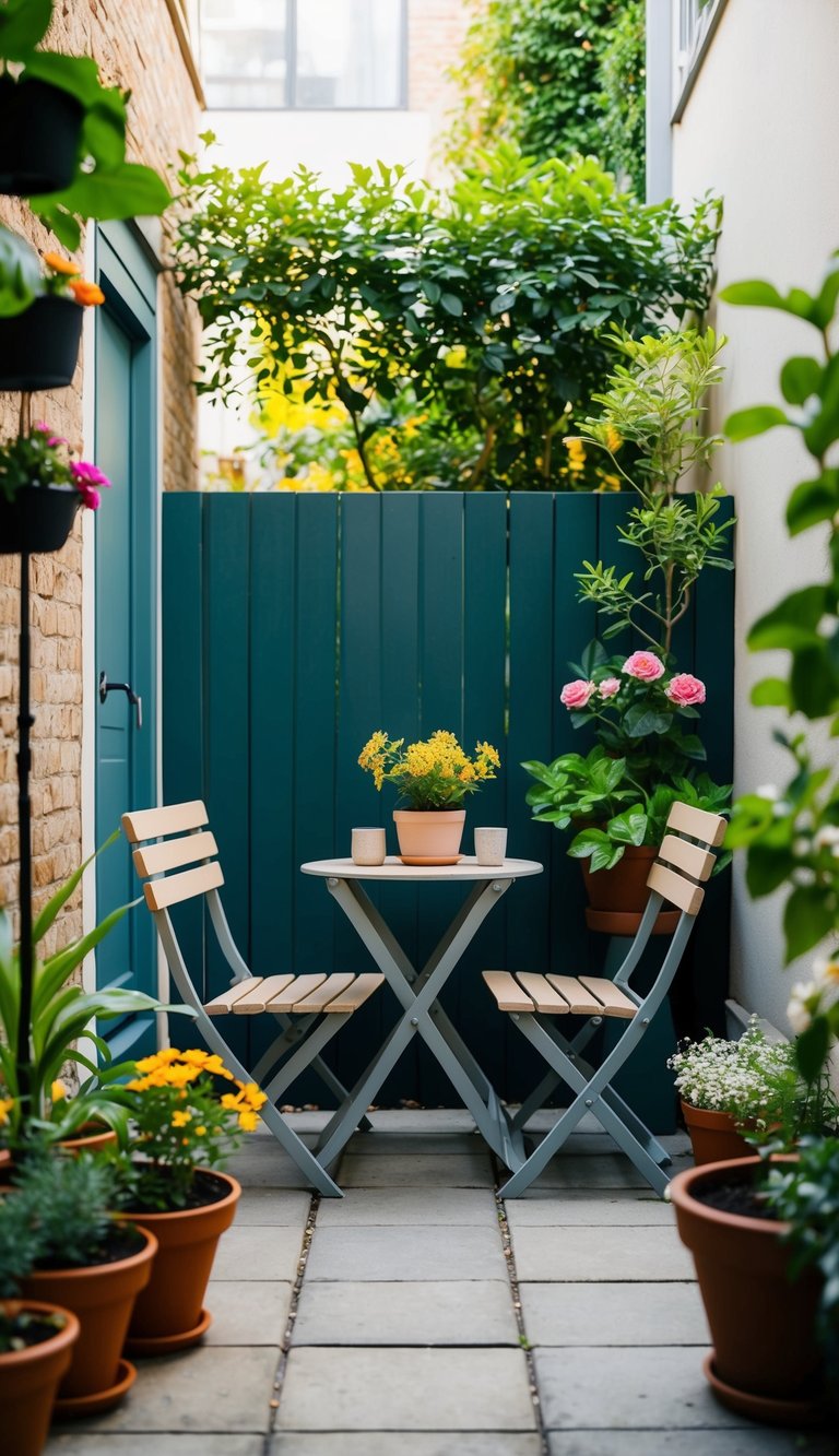 A cozy courtyard garden with a foldable bistro set surrounded by potted plants and flowers. A small oasis for outdoor relaxation