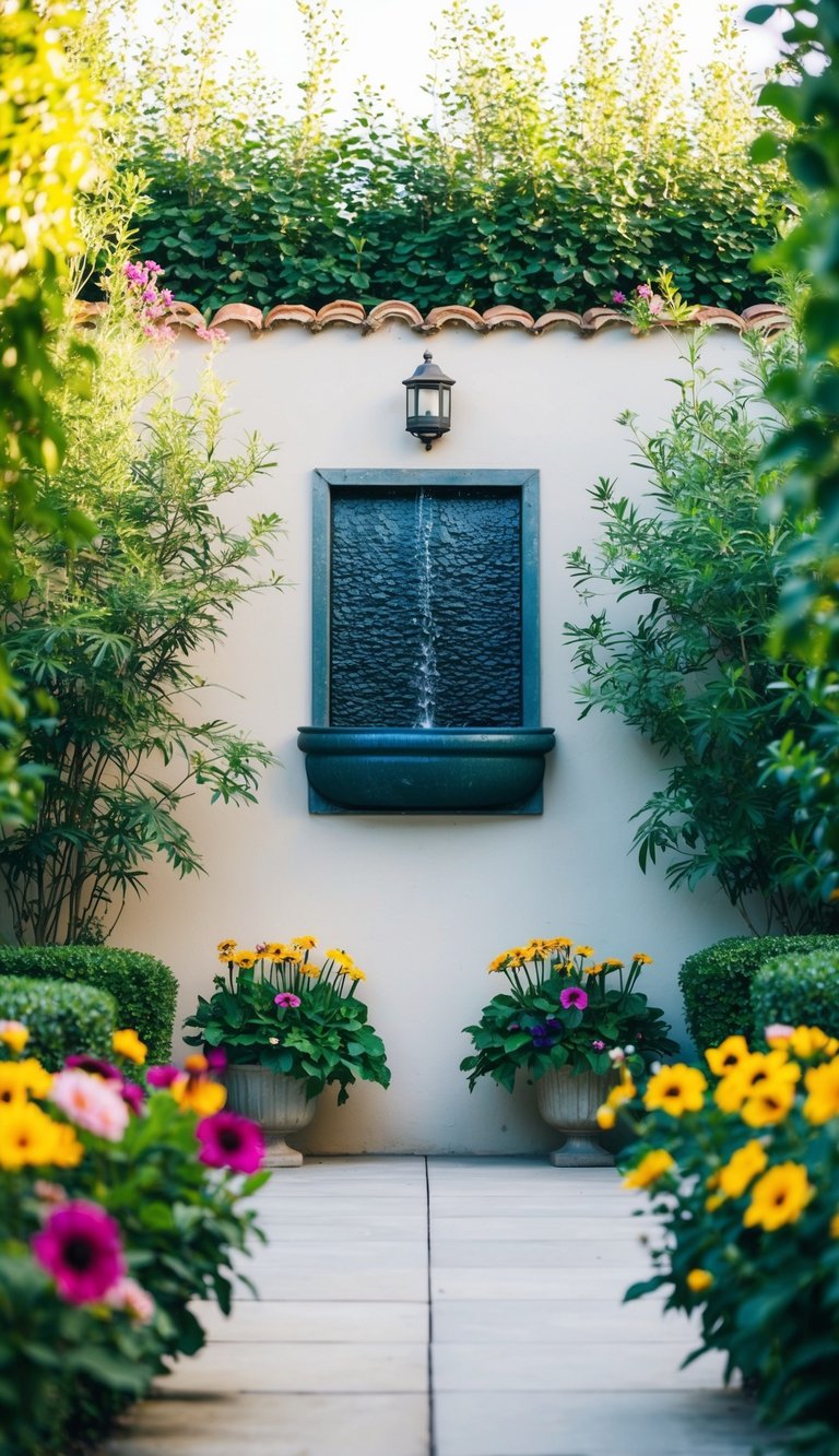 A serene courtyard with a wall-mounted water feature surrounded by lush greenery and colorful flowers
