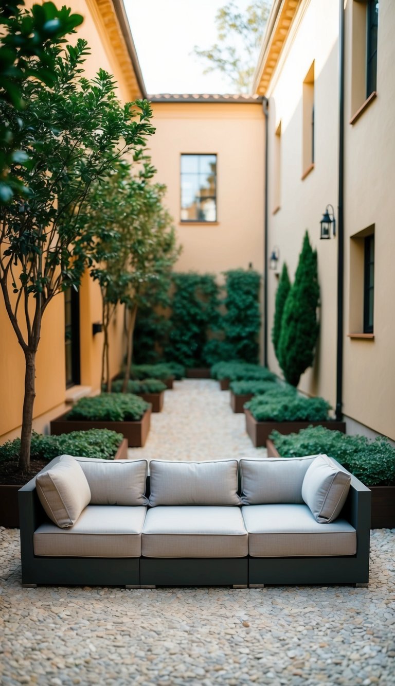 A modular outdoor sofa surrounded by 18 small courtyard gardens