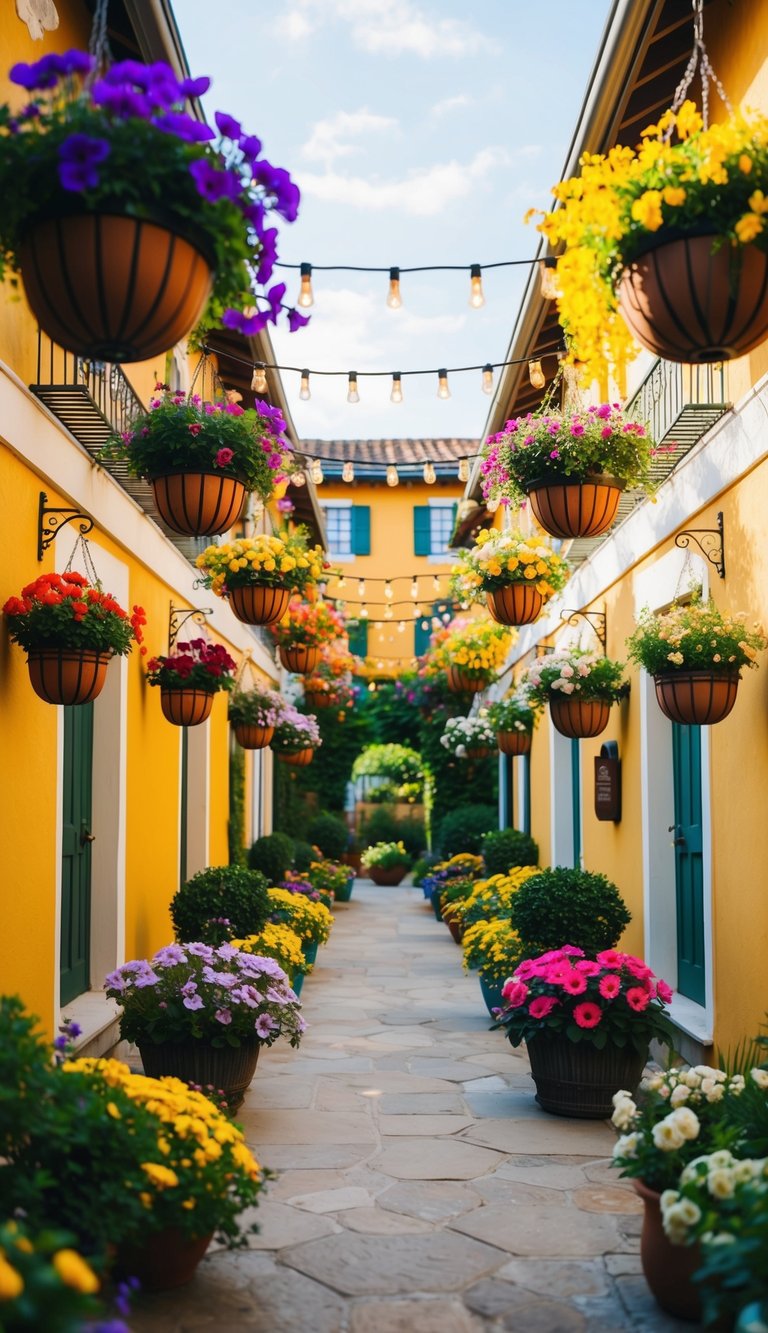 Colorful hanging flower baskets adorn 18 small courtyard gardens, creating a vibrant and welcoming atmosphere