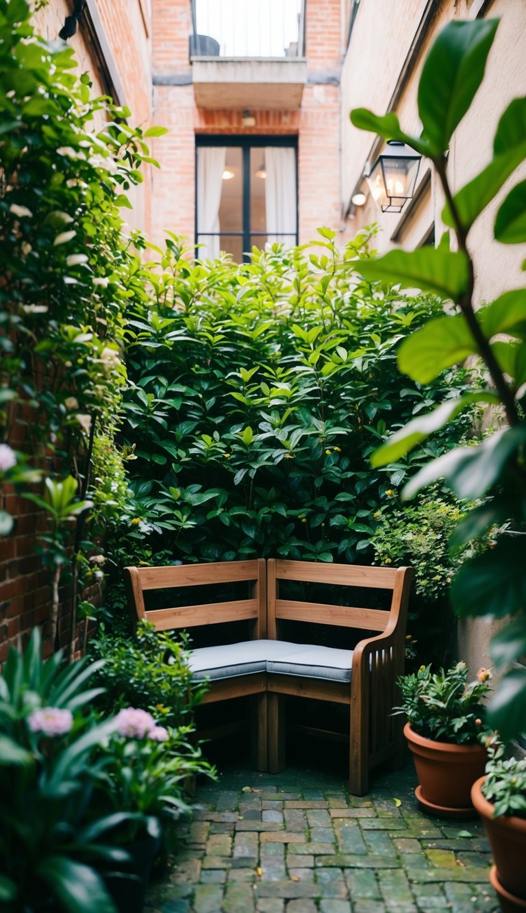A cozy corner bench nestled among lush greenery in a small courtyard garden