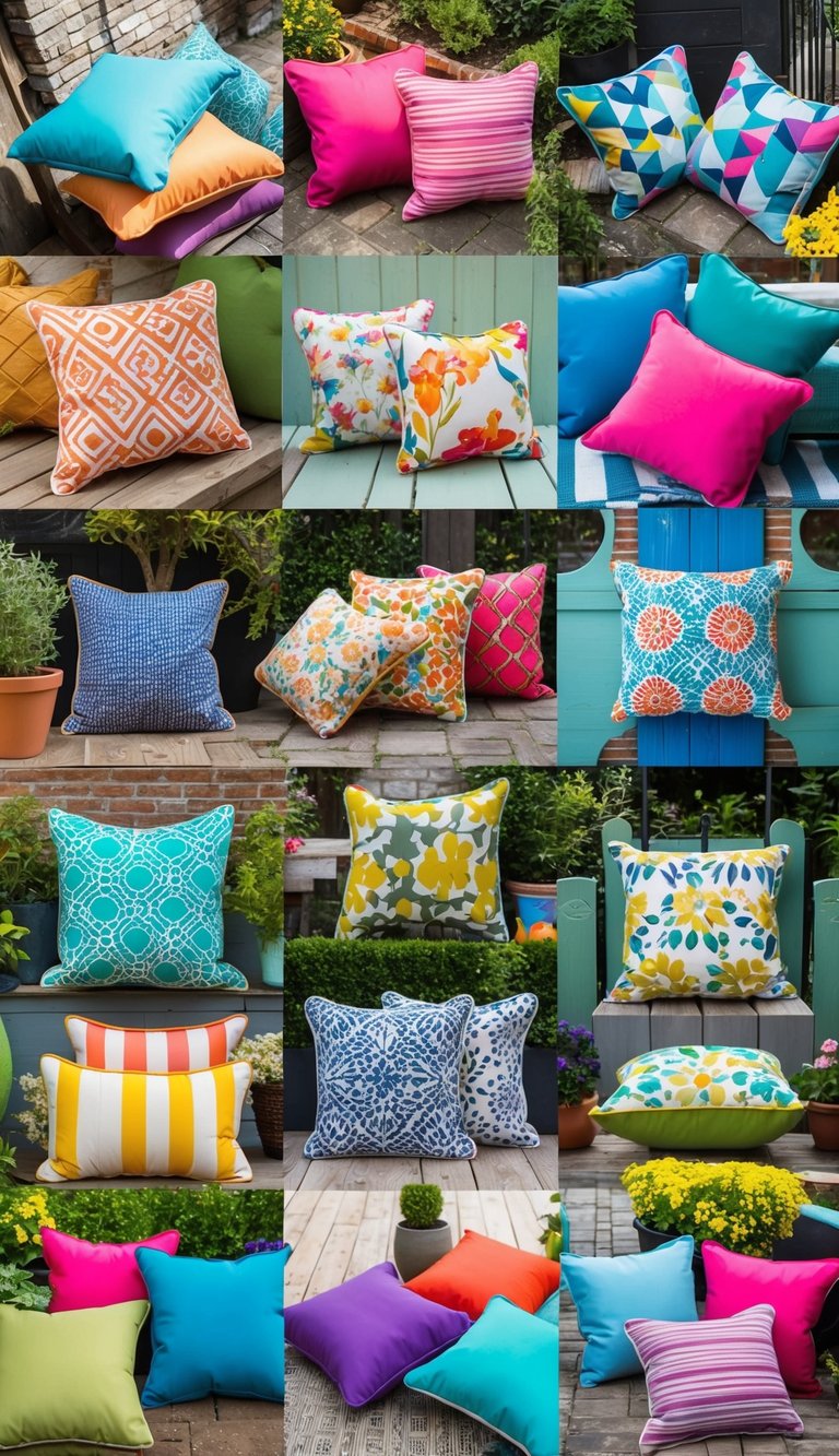 Vibrant outdoor cushions arranged in a variety of small courtyard garden settings, showcasing different weatherproof designs and color schemes
